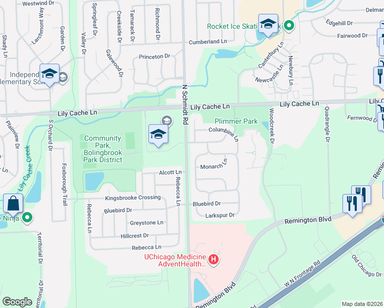 map of restaurants, bars, coffee shops, grocery stores, and more near 363 Meadowlark Drive in Bolingbrook
