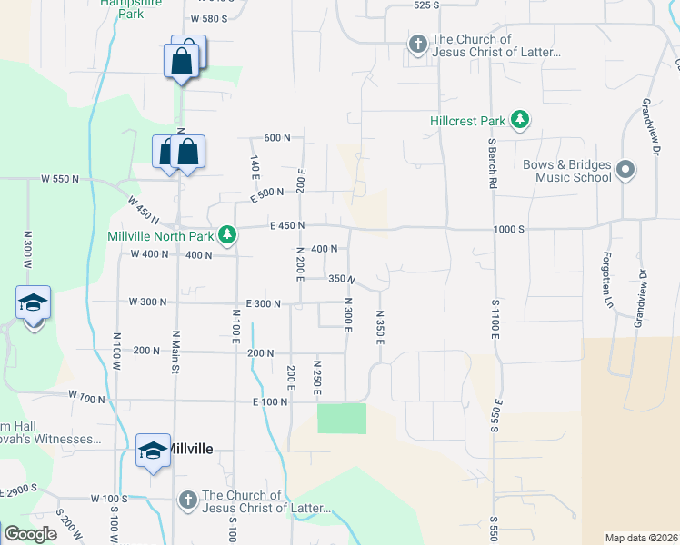 map of restaurants, bars, coffee shops, grocery stores, and more near 285 North 350 East in Millville