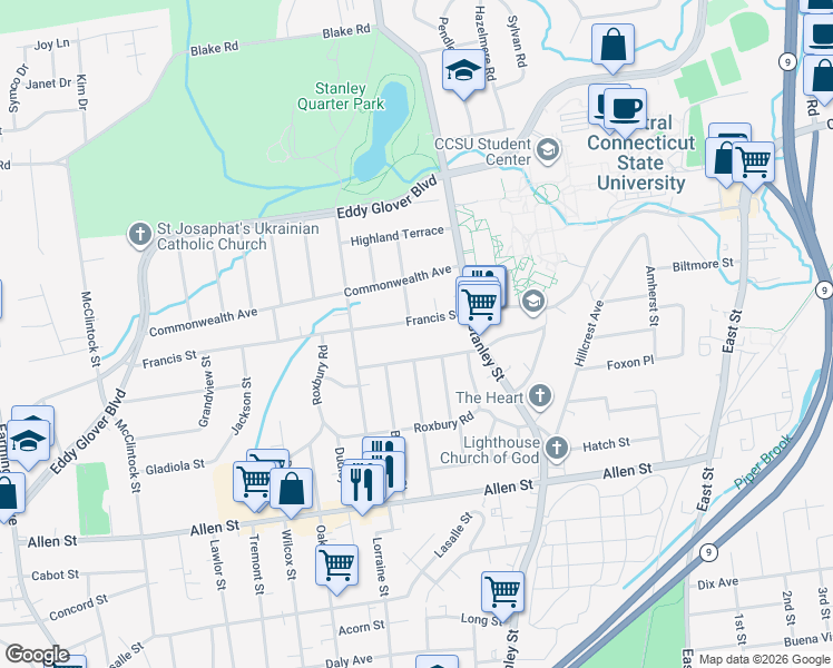 map of restaurants, bars, coffee shops, grocery stores, and more near 146 Francis St in New Britain