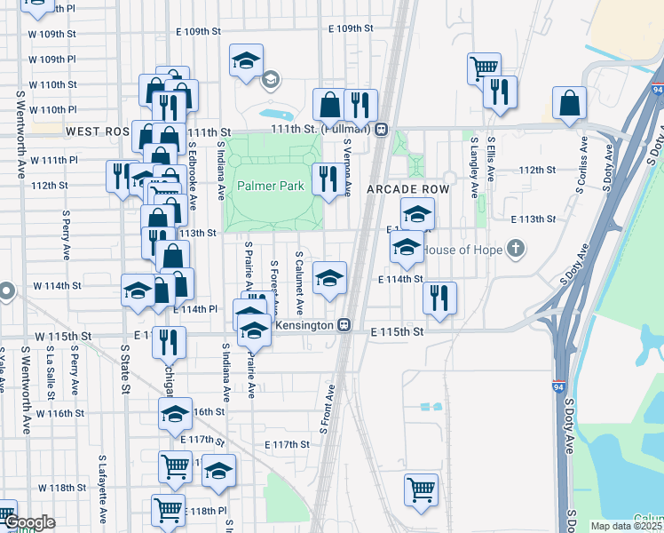 map of restaurants, bars, coffee shops, grocery stores, and more near 11338 South King Drive in Chicago