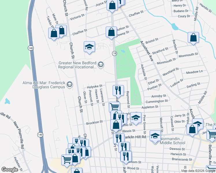 map of restaurants, bars, coffee shops, grocery stores, and more near 301 Lowell Street in New Bedford
