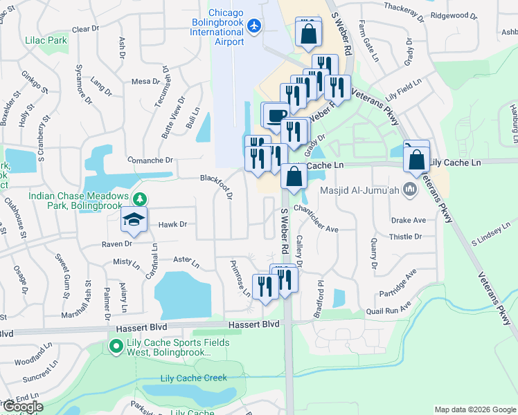 map of restaurants, bars, coffee shops, grocery stores, and more near 368 Pheasant Chase Drive in Bolingbrook