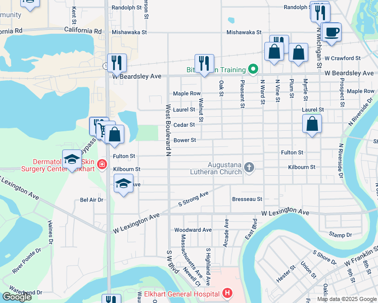 map of restaurants, bars, coffee shops, grocery stores, and more near 1500 Fulton Street in Elkhart