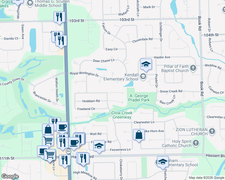 map of restaurants, bars, coffee shops, grocery stores, and more near 2527 Freeland Ct in Naperville
