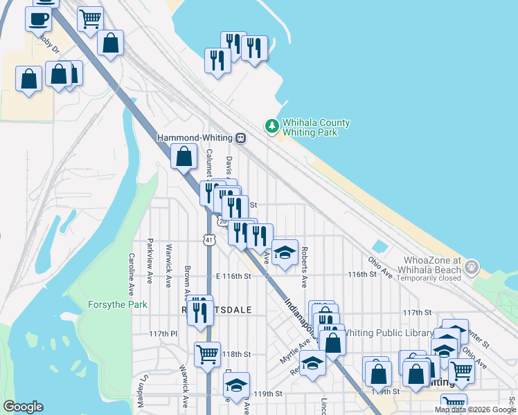 map of restaurants, bars, coffee shops, grocery stores, and more near 914 East 114th Street in Whiting
