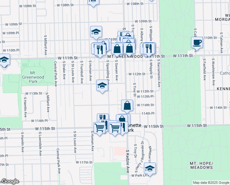 map of restaurants, bars, coffee shops, grocery stores, and more near 11300 South Sawyer Avenue in Chicago