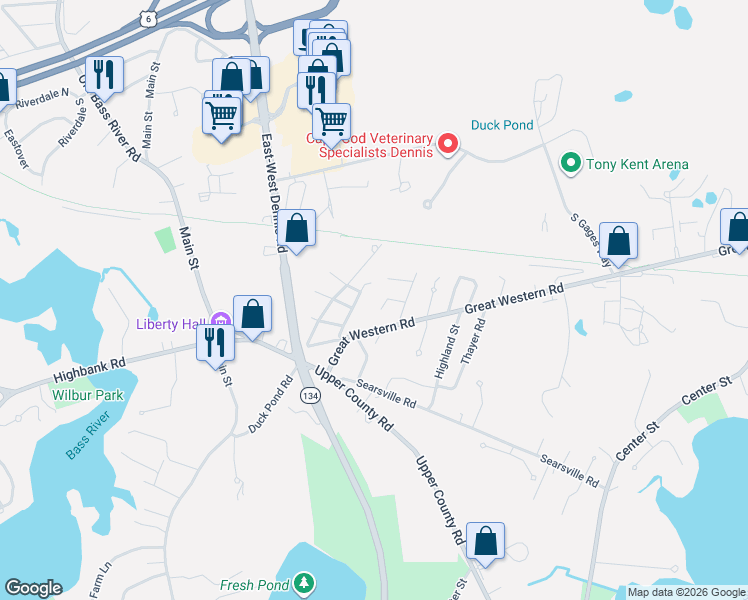 map of restaurants, bars, coffee shops, grocery stores, and more near 14 Benjamin Road in Dennis