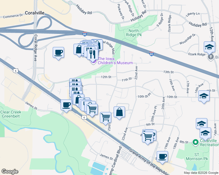 map of restaurants, bars, coffee shops, grocery stores, and more near 2314 10th Street in Coralville