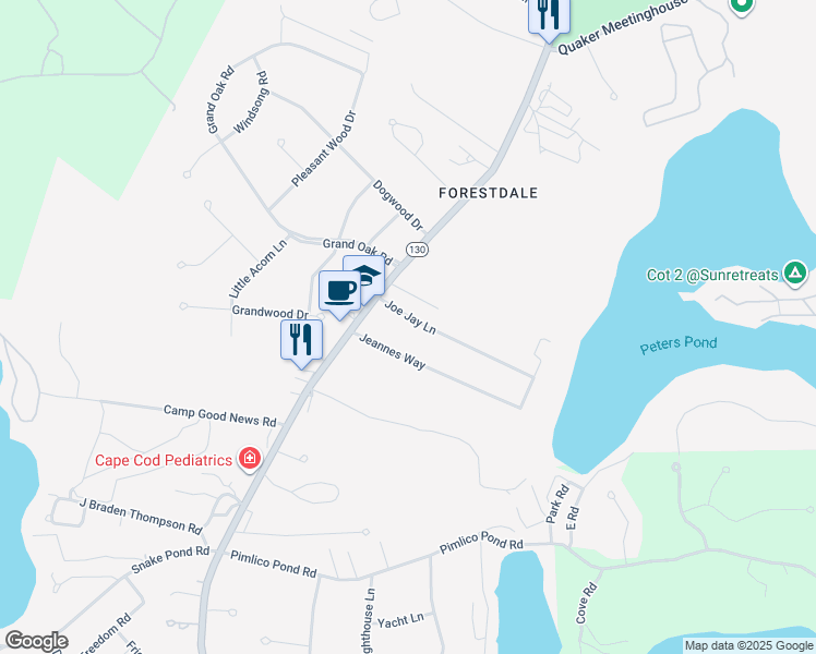 map of restaurants, bars, coffee shops, grocery stores, and more near 8 Joe Jay Lane in Sandwich