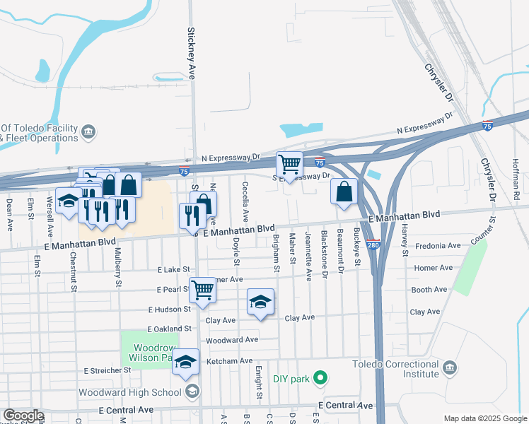 map of restaurants, bars, coffee shops, grocery stores, and more near 1111 East Manhattan Boulevard in Toledo