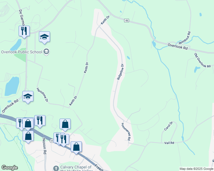 map of restaurants, bars, coffee shops, grocery stores, and more near 114 Ridgeline Drive in Poughkeepsie