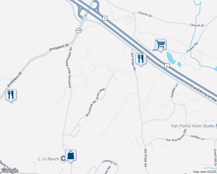 map of restaurants, bars, coffee shops, grocery stores, and more near 291 Woodside Road in Barnstable