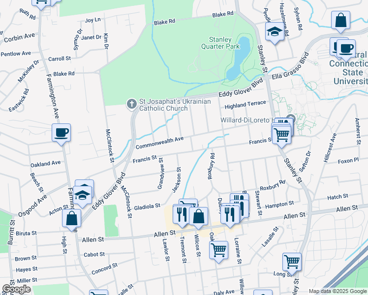 map of restaurants, bars, coffee shops, grocery stores, and more near 305 Francis Street in New Britain
