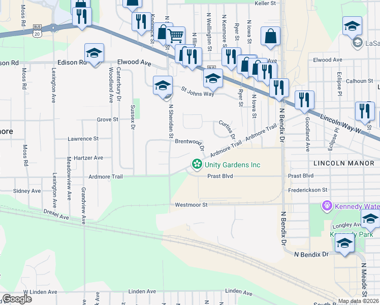 map of restaurants, bars, coffee shops, grocery stores, and more near 3899 Surrey Ln in South Bend