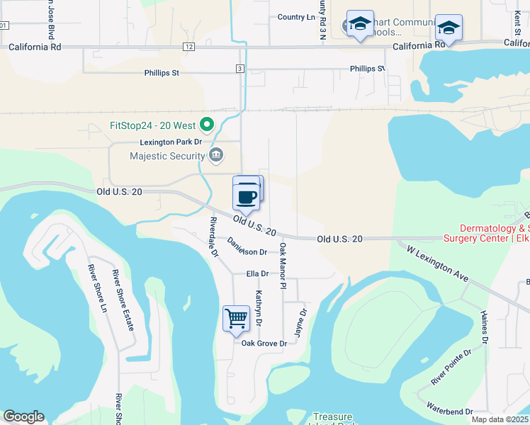 map of restaurants, bars, coffee shops, grocery stores, and more near 523 Kollar St in Elkhart