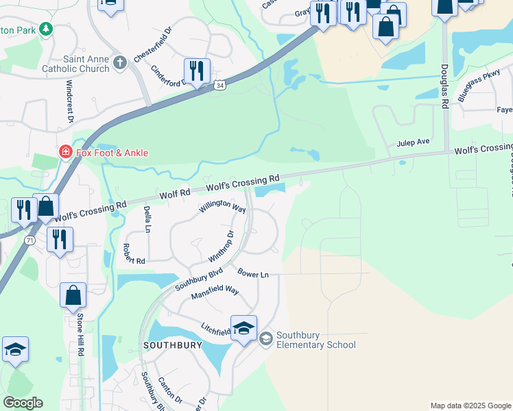 map of restaurants, bars, coffee shops, grocery stores, and more near 237 Willington Way in Oswego