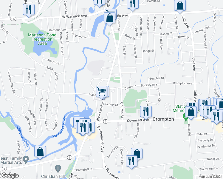 map of restaurants, bars, coffee shops, grocery stores, and more near 11 Nestor Street in West Warwick