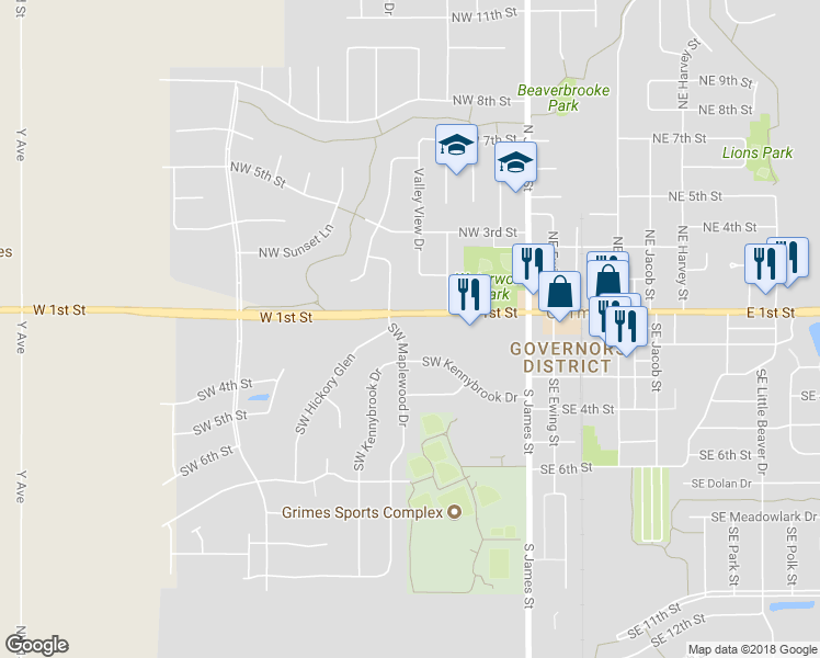 map of restaurants, bars, coffee shops, grocery stores, and more near 155 Southwest Maplewood Drive in Grimes