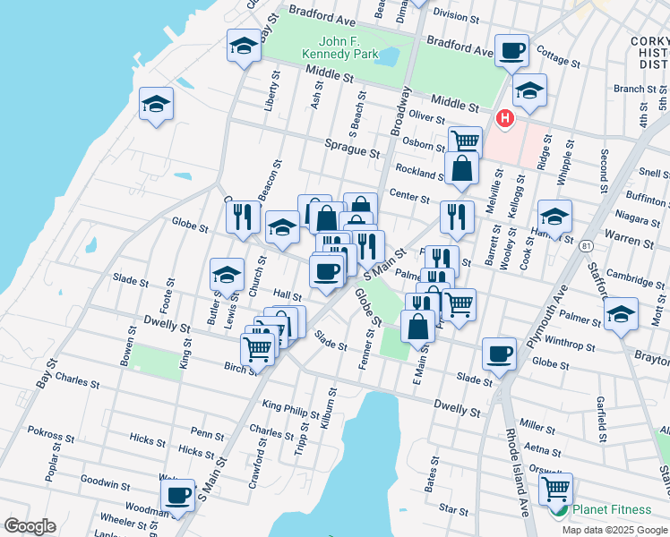 map of restaurants, bars, coffee shops, grocery stores, and more near 482 Globe Street in Fall River
