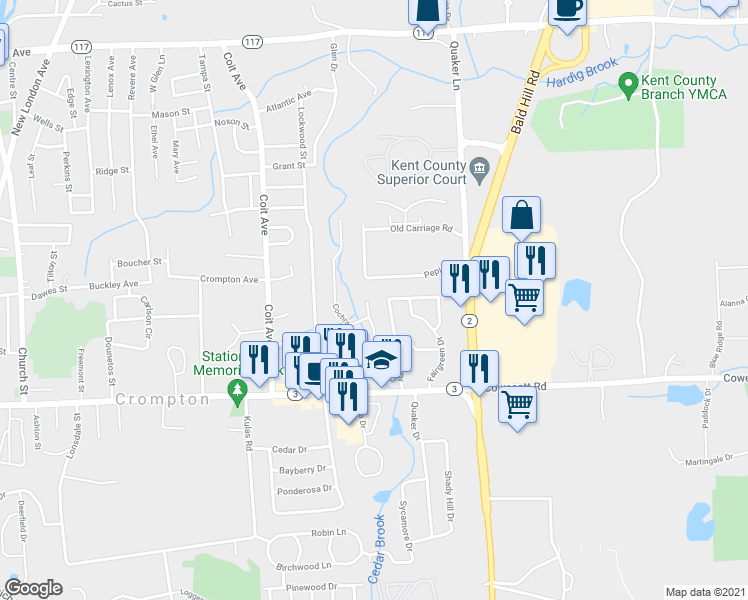 map of restaurants, bars, coffee shops, grocery stores, and more near 44 Judy Terrace in West Warwick