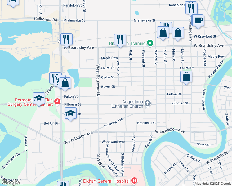 map of restaurants, bars, coffee shops, grocery stores, and more near 1500 Fulton Street in Elkhart