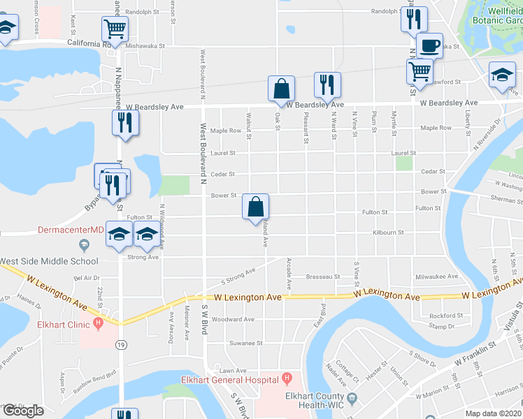 map of restaurants, bars, coffee shops, grocery stores, and more near 301 North Highland Avenue in Elkhart