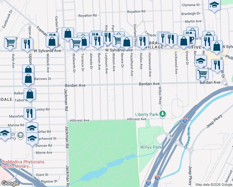 map of restaurants, bars, coffee shops, grocery stores, and more near 3663 Revere Drive in Toledo