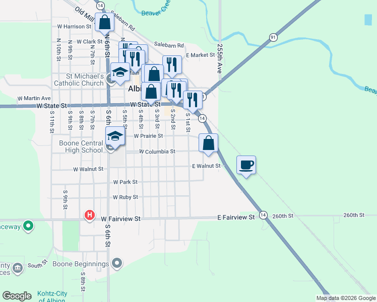 map of restaurants, bars, coffee shops, grocery stores, and more near 100 West Columbia Street in Albion