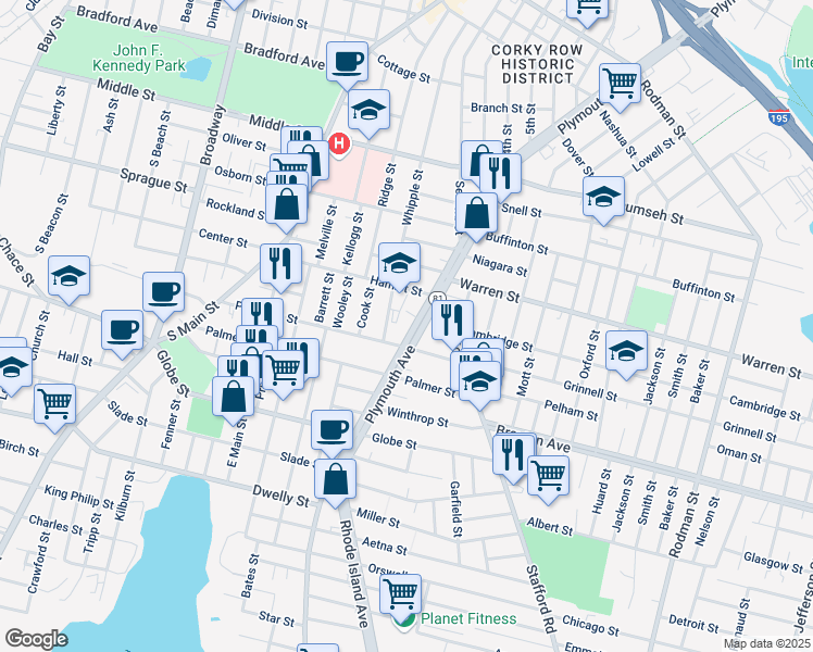 map of restaurants, bars, coffee shops, grocery stores, and more near 1135 Plymouth Ave in Fall River