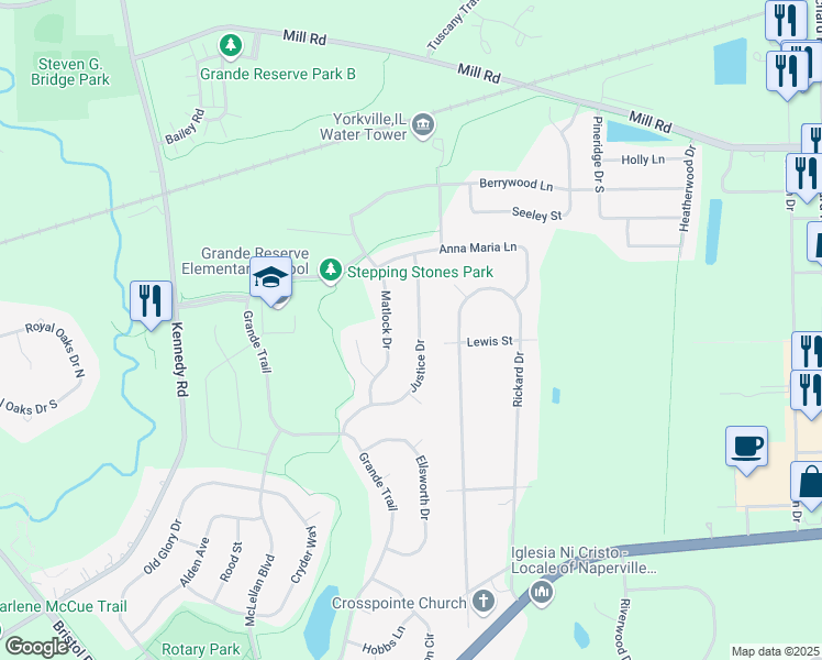 map of restaurants, bars, coffee shops, grocery stores, and more near 3149 Justice Drive in Yorkville