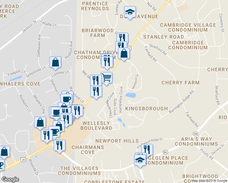 map of restaurants, bars, coffee shops, grocery stores, and more near 614 Chesapeake Cove in Painesville