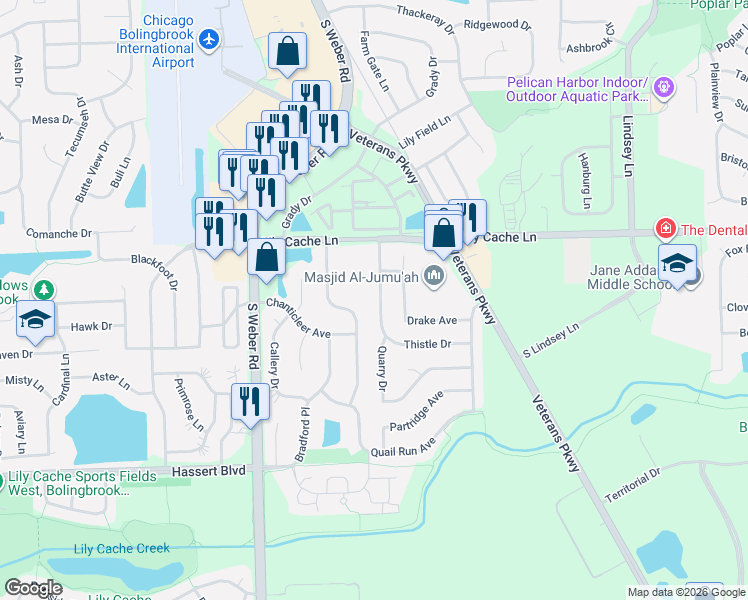 map of restaurants, bars, coffee shops, grocery stores, and more near 319 Thistle Avenue in Bolingbrook