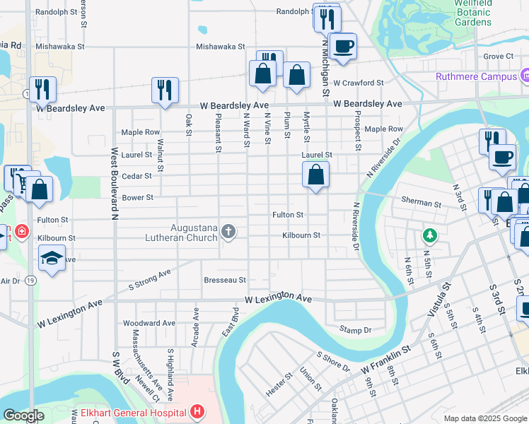 map of restaurants, bars, coffee shops, grocery stores, and more near 301 North Vine Street in Elkhart