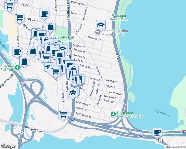 map of restaurants, bars, coffee shops, grocery stores, and more near 46 Barlow Street in Fall River