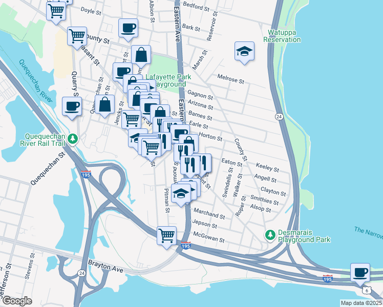 map of restaurants, bars, coffee shops, grocery stores, and more near 682 Eastern Avenue in Fall River