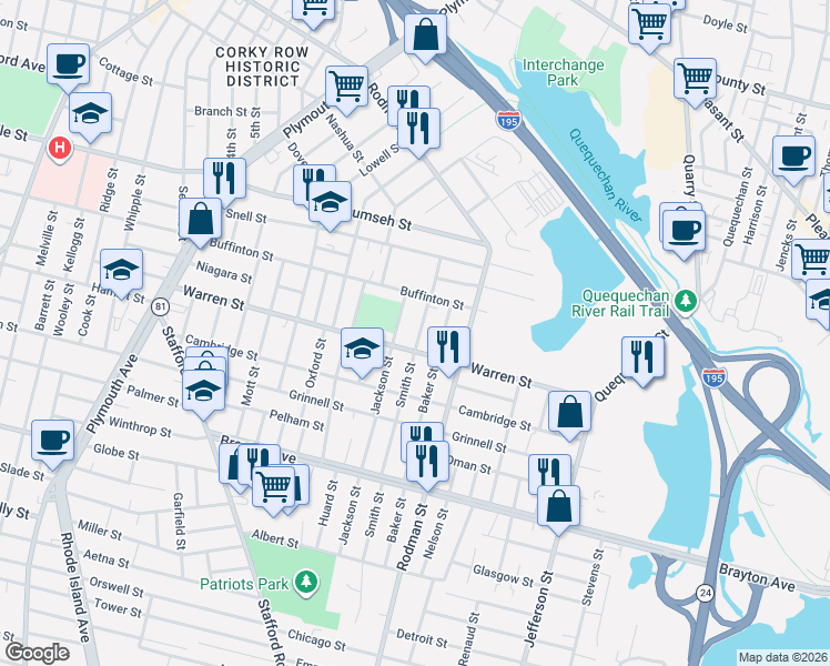 map of restaurants, bars, coffee shops, grocery stores, and more near 62 Smith Street in Fall River