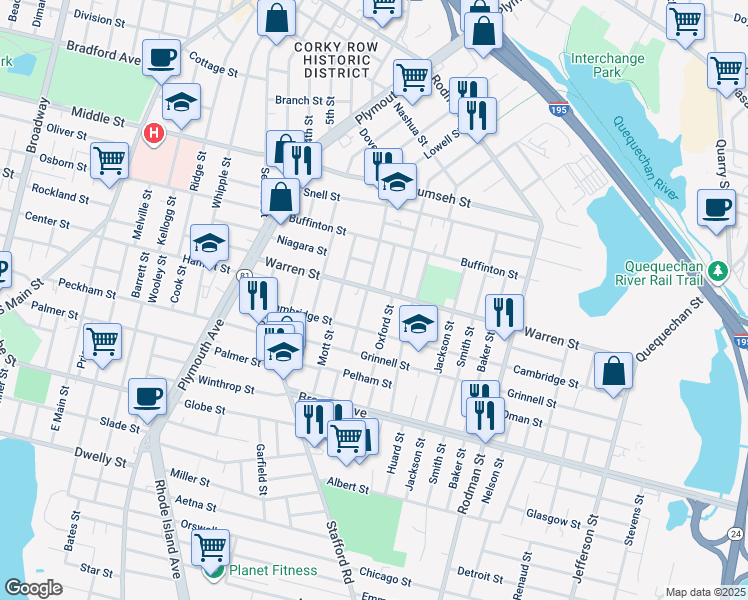 map of restaurants, bars, coffee shops, grocery stores, and more near 303 Warren Street in Fall River