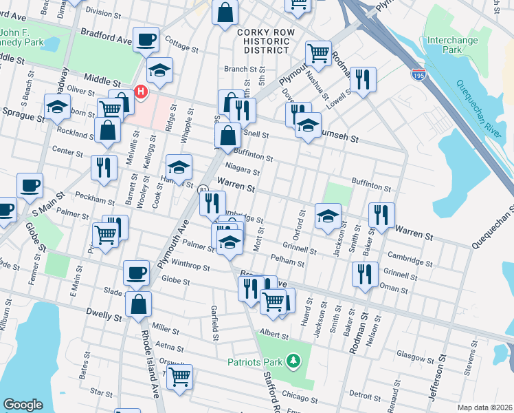 map of restaurants, bars, coffee shops, grocery stores, and more near 161 Foster Street in Fall River