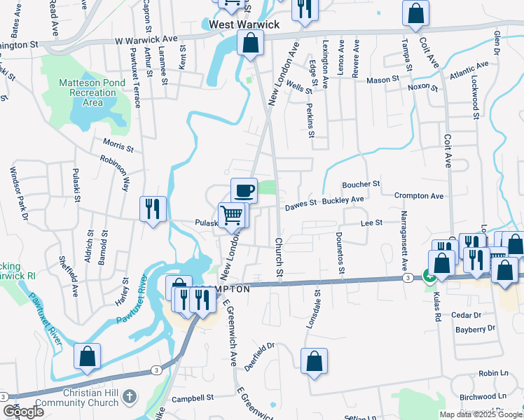 map of restaurants, bars, coffee shops, grocery stores, and more near 11 Nestor Street in West Warwick