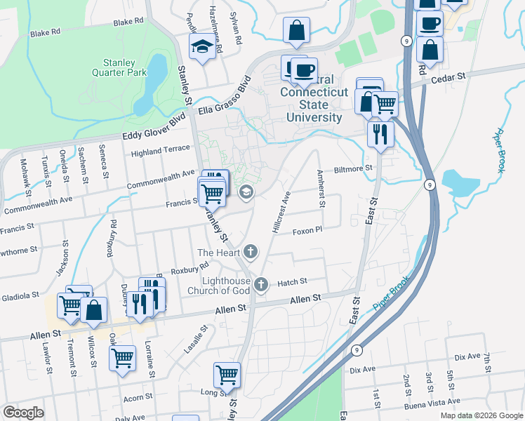 map of restaurants, bars, coffee shops, grocery stores, and more near 126 Hillcrest Avenue in New Britain