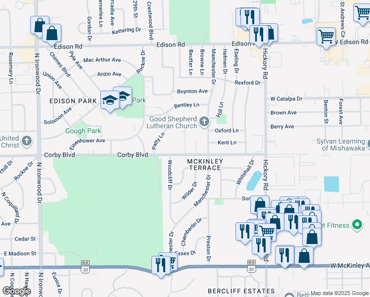 map of restaurants, bars, coffee shops, grocery stores, and more near in South Bend