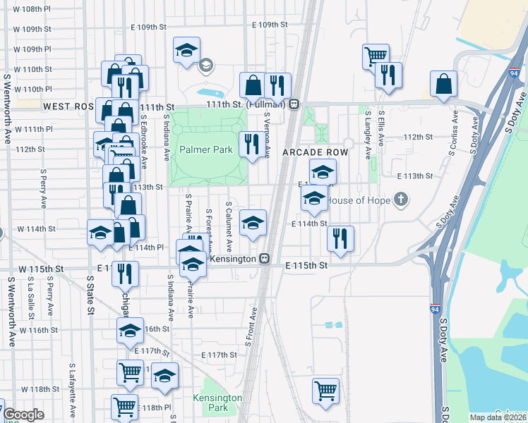 map of restaurants, bars, coffee shops, grocery stores, and more near 11336 South Front Avenue in Chicago