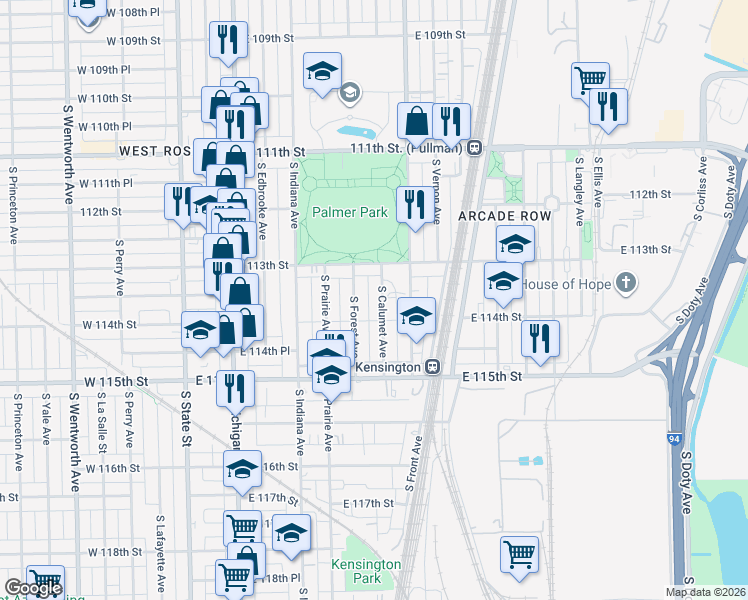map of restaurants, bars, coffee shops, grocery stores, and more near 11336 South Calumet Avenue in Chicago