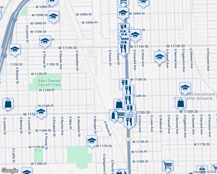 map of restaurants, bars, coffee shops, grocery stores, and more near 11322 South Peoria Street in Chicago