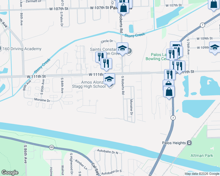 map of restaurants, bars, coffee shops, grocery stores, and more near 8015 West 111th Street in Palos Hills
