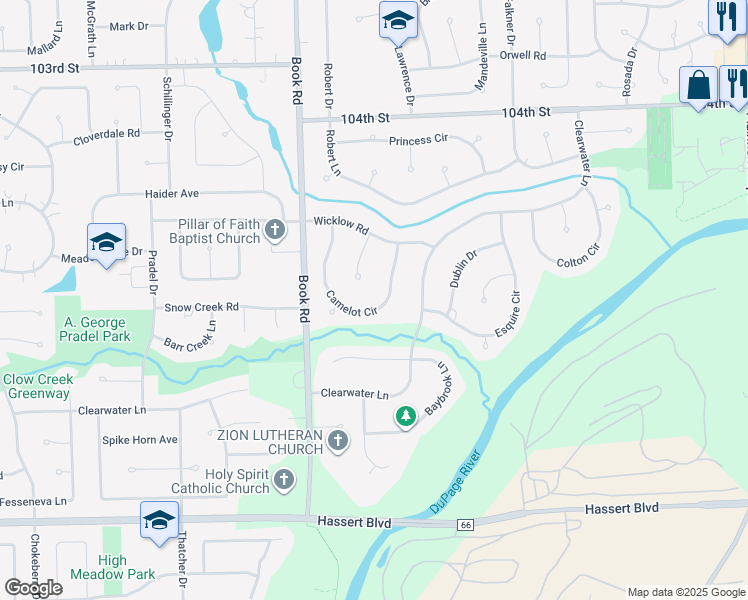 map of restaurants, bars, coffee shops, grocery stores, and more near 4323 Camelot Circle in Naperville