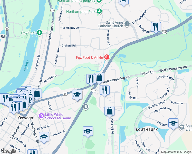 map of restaurants, bars, coffee shops, grocery stores, and more near 4025 Walter Payton Memorial Highway in Oswego