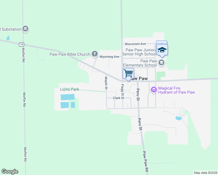 map of restaurants, bars, coffee shops, grocery stores, and more near 241 Maple Street in Paw Paw