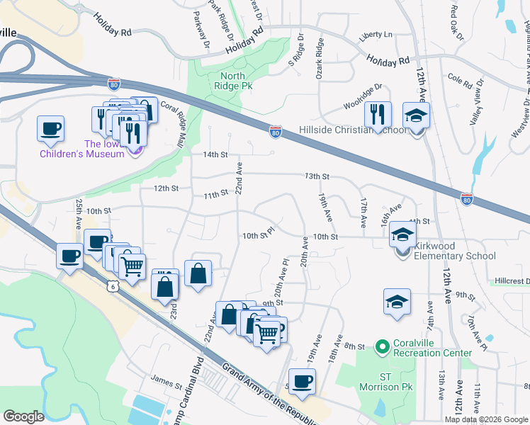 map of restaurants, bars, coffee shops, grocery stores, and more near 2107 10th Street in Coralville