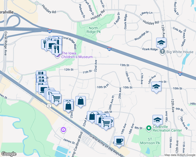 map of restaurants, bars, coffee shops, grocery stores, and more near 1061 20th Avenue in Coralville